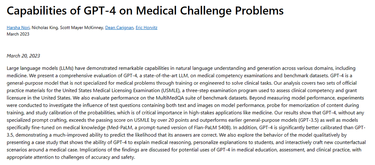 luisdans's tweet photo. Capabilities of #GPT4 on Medical Challenge Problems. #llm #industryLLM #healthcare #industryCloud https://t.co/eDZQEk30d1 https://t.co/I5Lg5a23GH