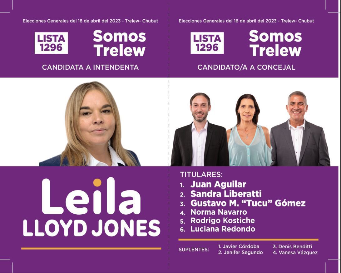 LeilaLloydJones's tweet photo. Esta boleta refleja sueños y compromisos. 
Conformada por vecinos de todos los sectores, entendiendo que la pluralidad de ideas nos hace más fuertes. 
¡Voy a ser la primera intendenta de Trelew!
El 16 acompáñame con tu voto. 
#TrelewNosUne https://t.co/fRNrCFaJcD