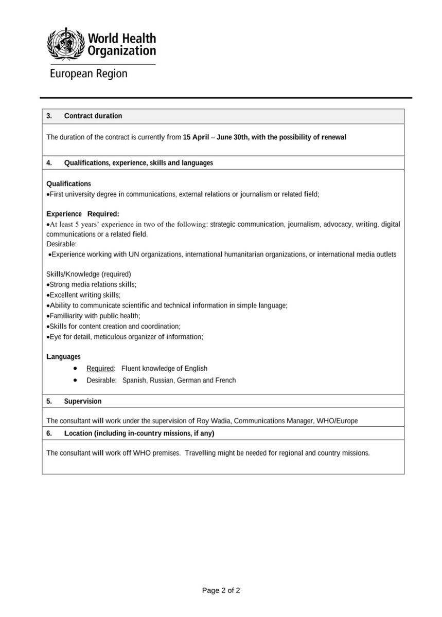 The <a href="/WHO_Europe/">WHO/Europe</a> team is looking for:

Emergency comms media consultant.

From 15 April until the end of June.

Interested? Send your CV, short cover letter and samples of your work to tylers@who.int 

#UNjobs