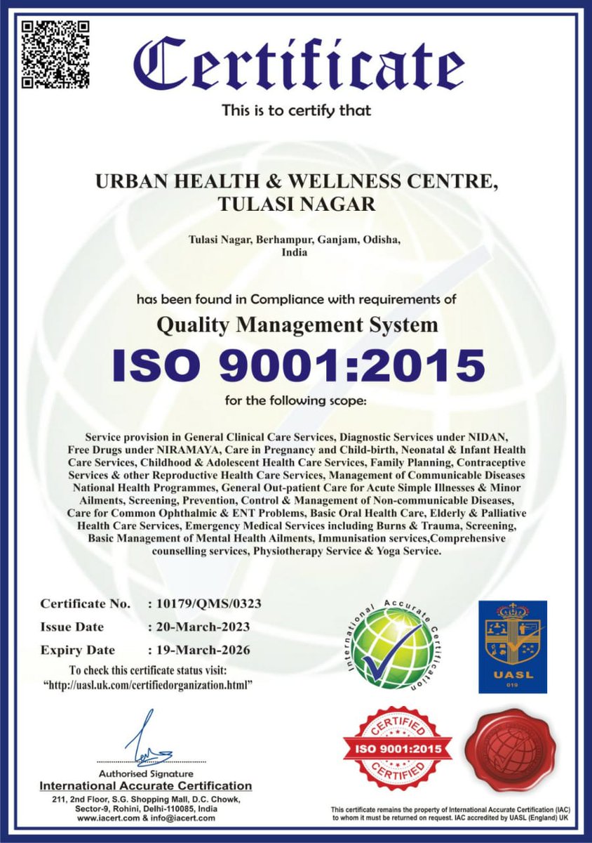 nhmodisha's tweet photo. Berhampur is the 1st city in the State to achieve ISO Quality Certification for all its UHWCs i.e.
 UHWC Tulsinagar,
UHWC Meenakhinagar,
UHWC Ankuli,UHWC Gosaninuagaon,UHWC Ambapua &amp;
UHWC Haridakhandi. A defining statement on our commitment to Quality Health Care everywhere. https://t.co/qxNGVh4aI9