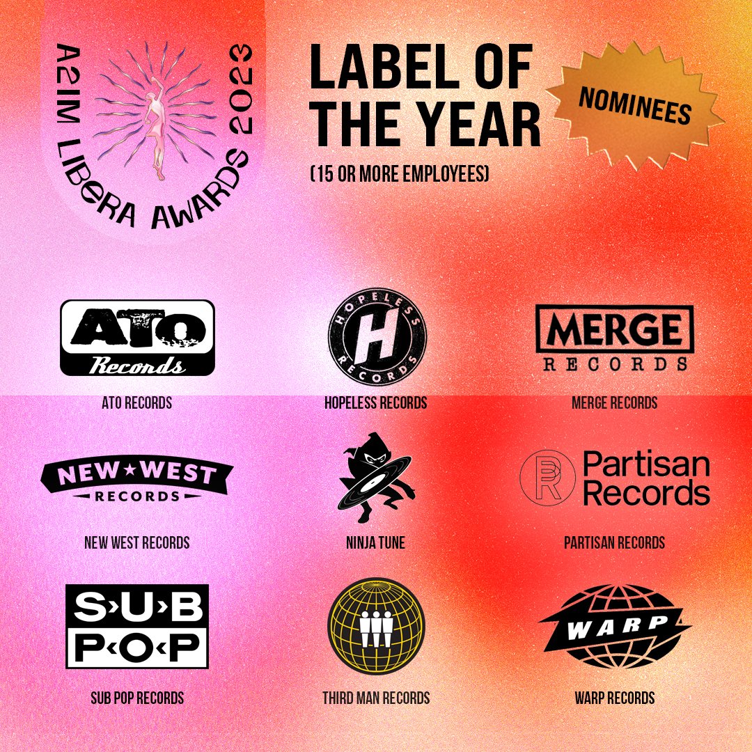 Congratulations to the Libera Awards 2023 nominees for Label Of The Year (15 or more employees) ❤️‍🔥 @ATORecords @hopelessrecords @mergerecords @newwestrecords @ninjatune @partisanrecords @subpop @WarpRecords #ThirdManRecords