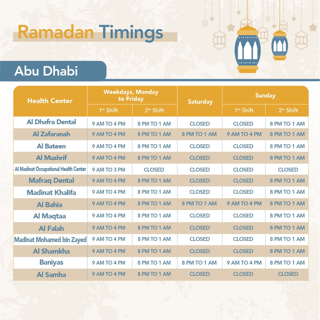 sehaclinics_ae's tweet image. Give back to your health in the Month of Giving. AHS Healthcare Centers and Disease Prevention and Screening Centers have revised timings for your convenience during the Holy month of Ramadan.
#Purehealth #SEHA #AHS #AbuDhabi #InAbuDhabi #RamadanKareem