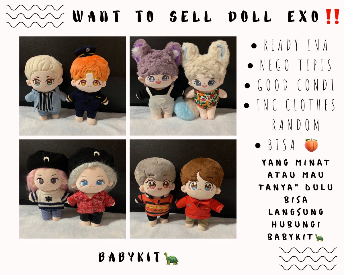 UtamiNF_'s tweet image. WTS in rush‼️

Doll Chanyeol, Baekhyun, Kai, Kyungsoo EXO

- Ready Ina
- Good Condi
- Bisa 🍑
- Inc Clothes Random

yang minat atau mau tanyaa" dlu bisa langsung dm yaa~