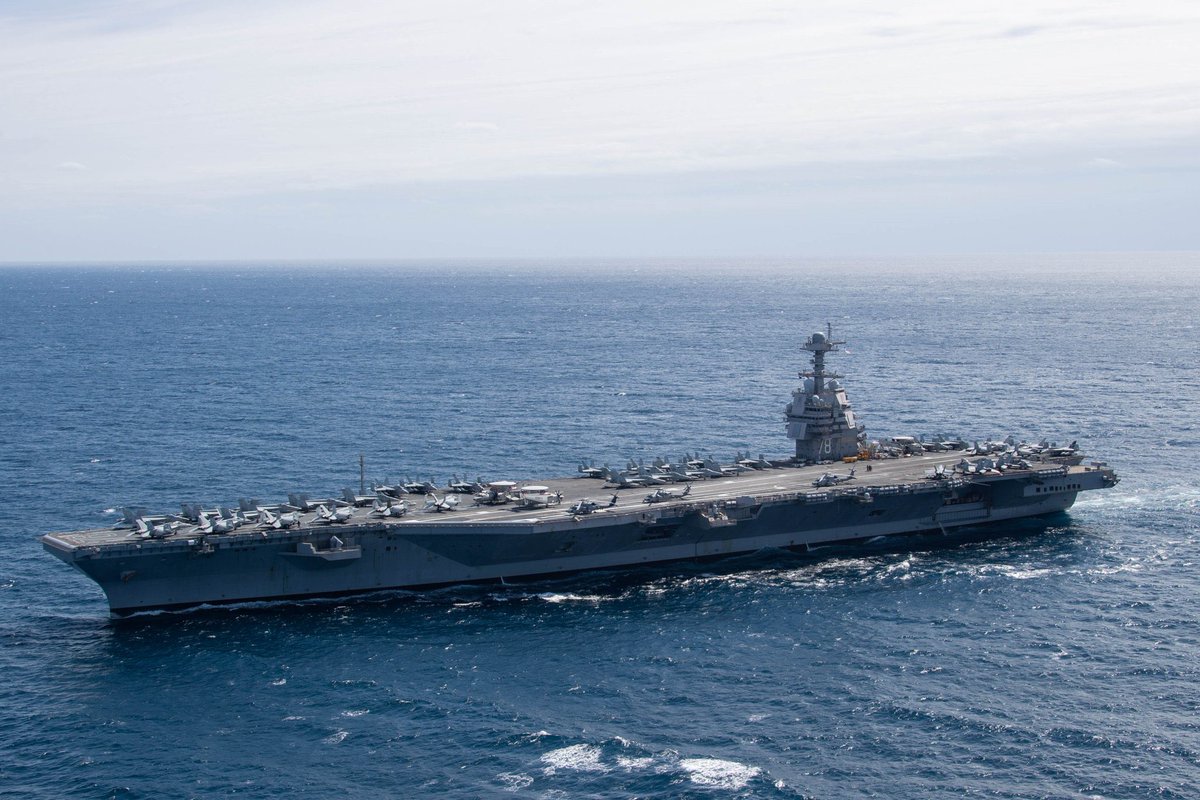 Newly released pictures of the CVN 78 USS Gerald R Ford with a full flight deck have been unveiled. The Ford is currently sailing off the coast of NC/SC/GA/FL as a part of their first-ever COMPTUEX as a carrier strike group. 

📸 - PO2 Jackson Adkins
 #USSGeraldRFord #COMPTUEX