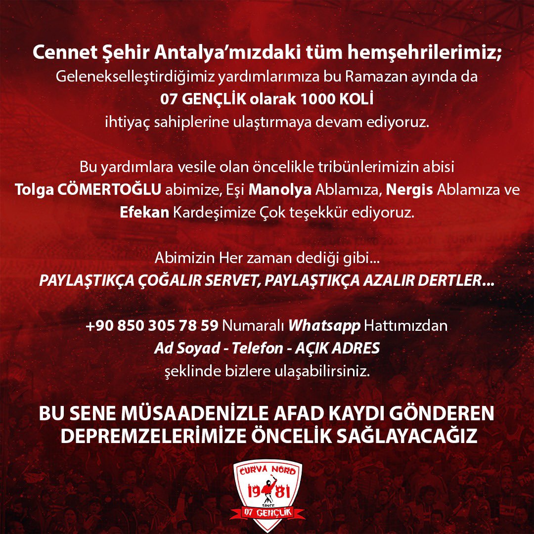 Geleneksel Ramazan yardımlarımız için başvuruları başlamıştır. 

Abimizin Her zaman Dediği Gibi...
Paylaştıkça Çoğalır Servet, Paylaştıkça Azalır Dertler

<a href="/TComertoglu/">Tolga Cömertoğlu</a> <a href="/ManolyaBarut/">manolyabarutcmrtğl</a> 

Başvurular için aşağıdaki WhatsApp hattımızla iletişime geçebilirsiniz.
wa.me/908503057859