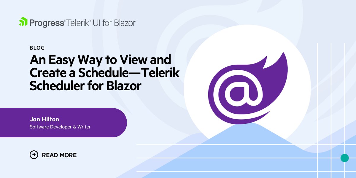 Telerik's tweet image. Want a stress-free journey when building a calendar or scheduler view for your app?
The Telerik UI for #Blazor Scheduler may be the way to do it. Check out @jonhilt's blog as he uncovers the specifics behind it: prgress.co/4067STt