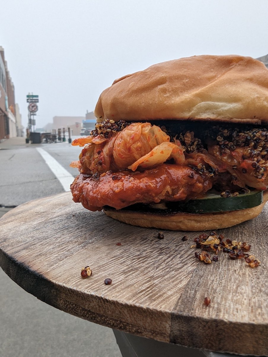 Looking for a good lunch to give you that extra pep in your step today? Our Gochujang Fried Chicken Sandwich is here to combat that fog with a spicy Chili Tempura Quinoa Crunch topped with kimichi.