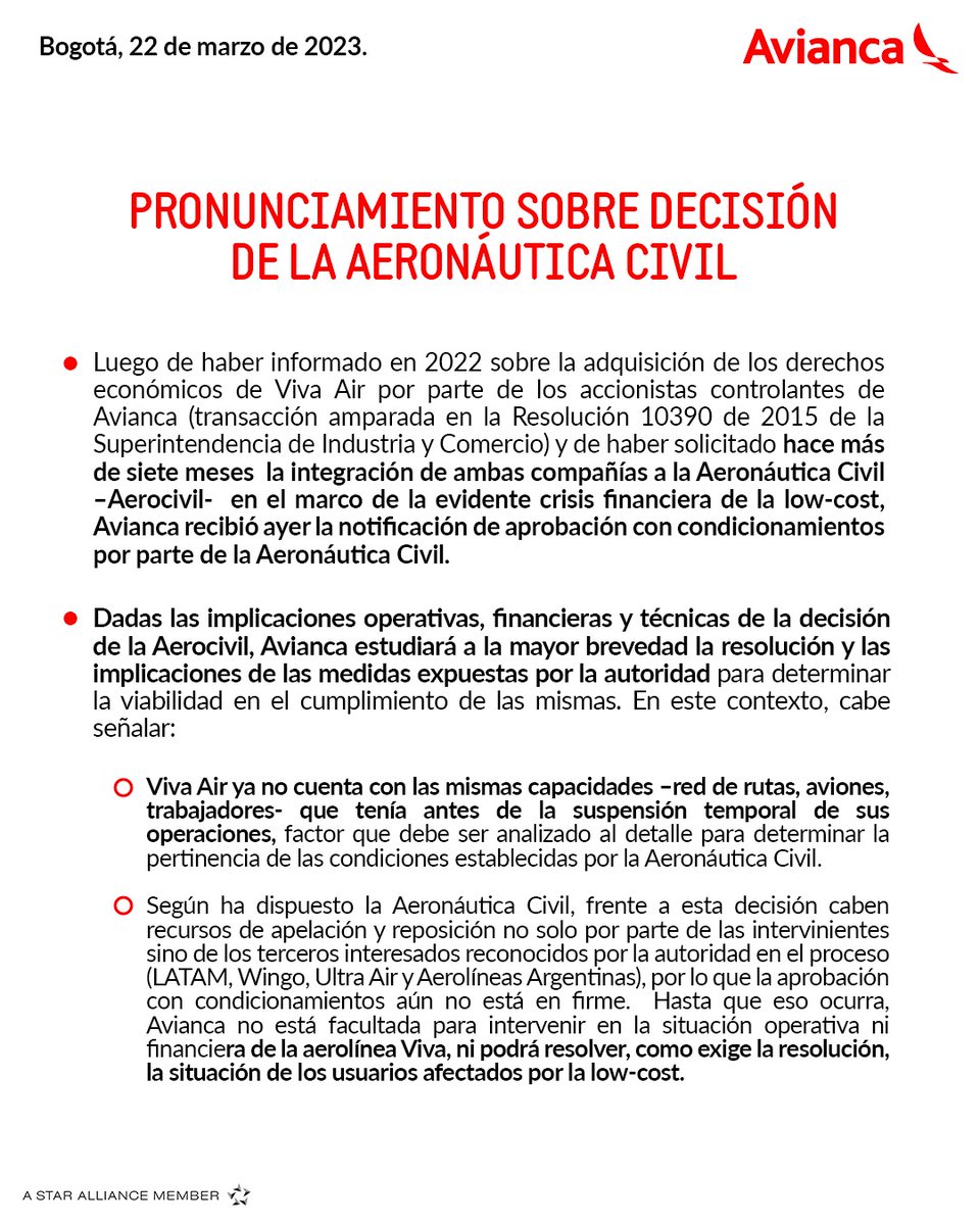 avianca's tweet photo. 📌 Este es nuestro pronunciamiento oficial sobre la decisión de la @AerocivilCol: 👇 https://t.co/zQilU6nHuU