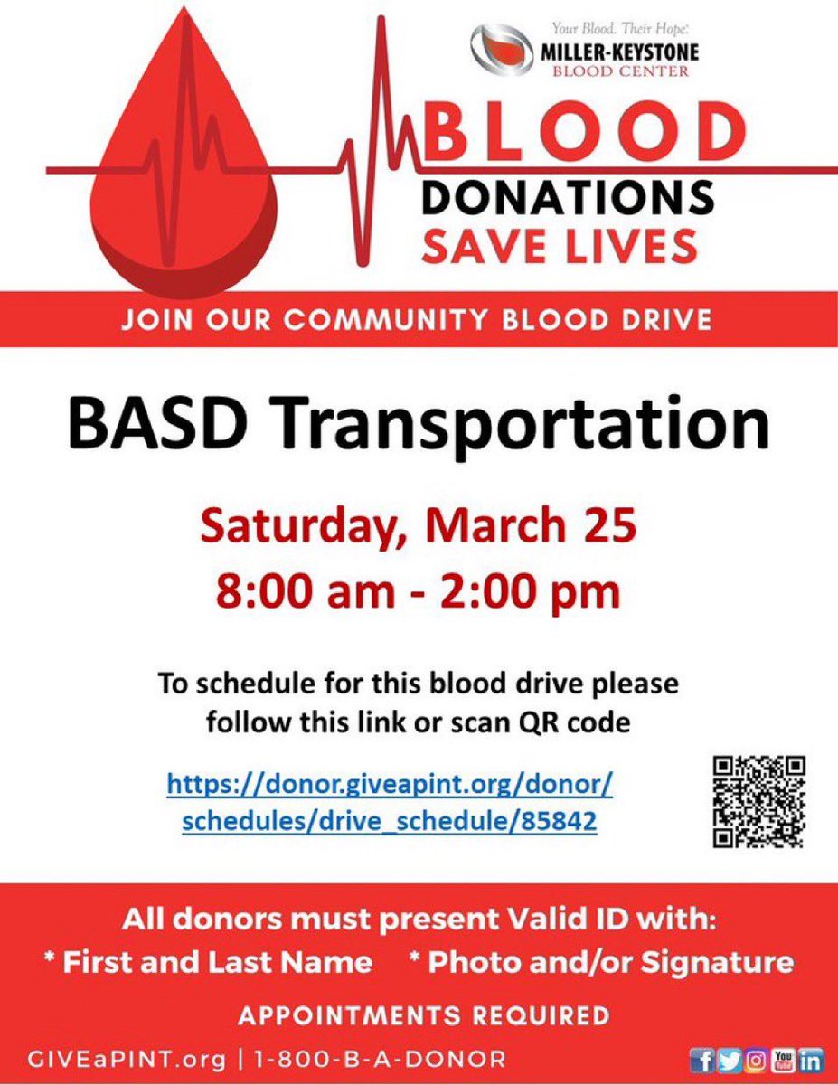 The BASD Transportation Department is hosting a blood drive on Saturday. Please consider signing up. Blood donation is a life changing thing!