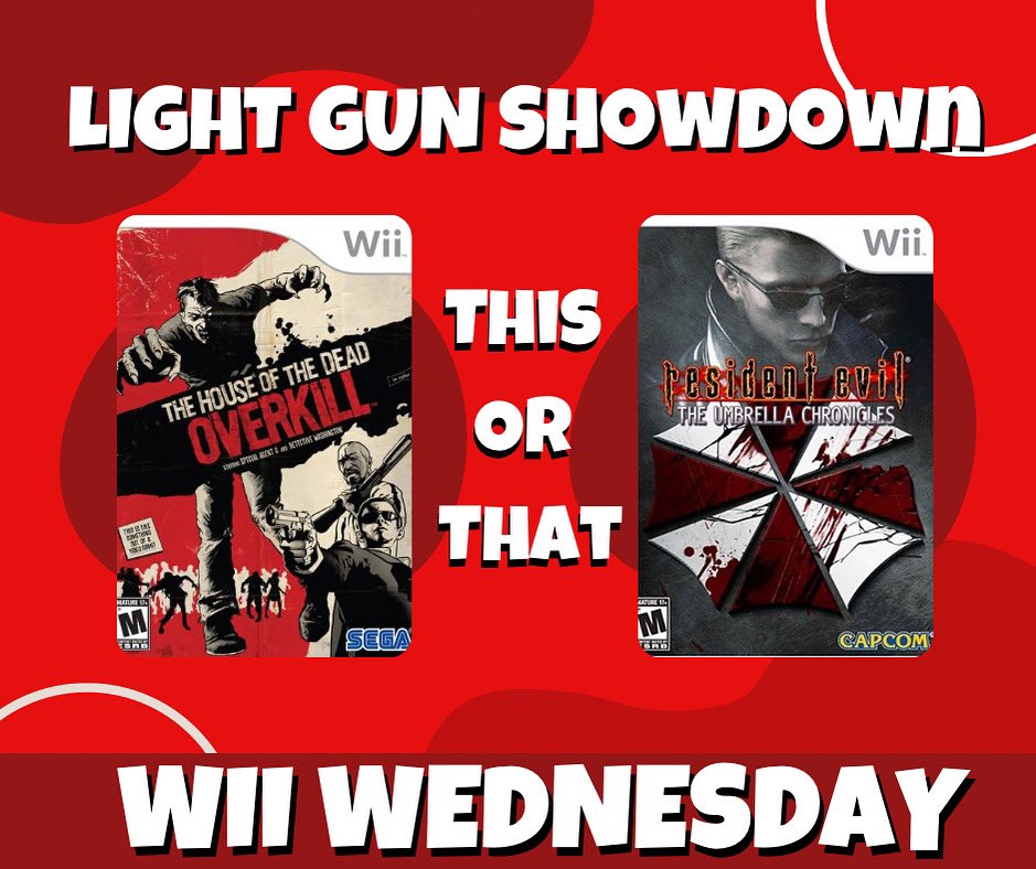 GameJunction1's tweet photo. It’s Nintendo “Wii Wednesday” so with that being said let’s start it off with a showdown! Which is the better Light Gun Game on the Nintendo Wii?! #residentevilumbrellachronicles or #houseofthedeadoverkill ? #nintendo #wii #nintendowii #wiiwednesday #wiicollection #wiigames #gamejunction #videogames #gaming #gamer #residentevil #houseofthedead #lightgungames