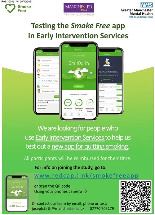 We need your help to test a quit smoking app! 

Our researchers are looking for 18-35 year olds who smoke and who use Early Intervention Services to help test out a new app.

If this is you, get in touch using this link: buff.ly/3Z0hiyt 

#ResearchGMMH @PhysMentManc