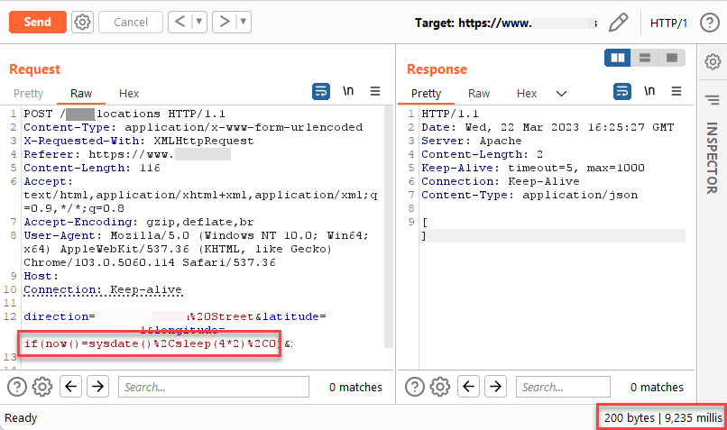 Found an interesting blind SQL injection in a custom location search feature of a Private bbp. Interestingly the location coordinate search feature that uses a well known maps API is vulnerable to SQL injection, not sure if the app is buggy or the API. #BugBounty