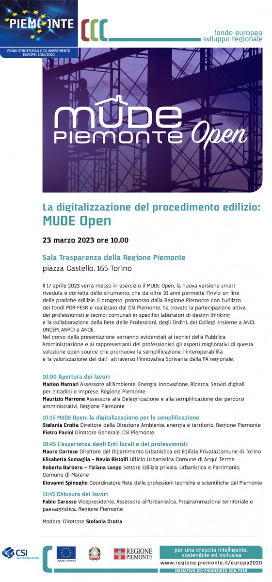 csipiemonte's tweet photo. 🏚 💻 Domani alle ore 10 in Sala Trasparenza @regionepiemonte 
"La digitalizzazione del procedimento edilizio: MUDE open"
Presentazione della nuova versione dello strumento che da oltre 10 anni permette l'invio on line delle pratiche edilizie.
#nuovocsi #yourdigitalpartner https://t.co/BydJanNH7L
