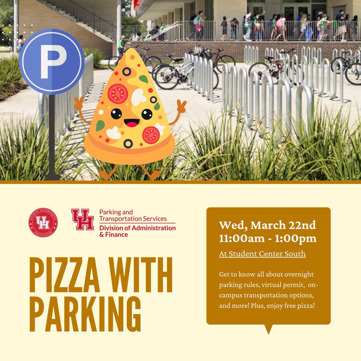 Join us for #PizzawithParking right now in the Student Center breezeway. #UHParking 🍕🚗