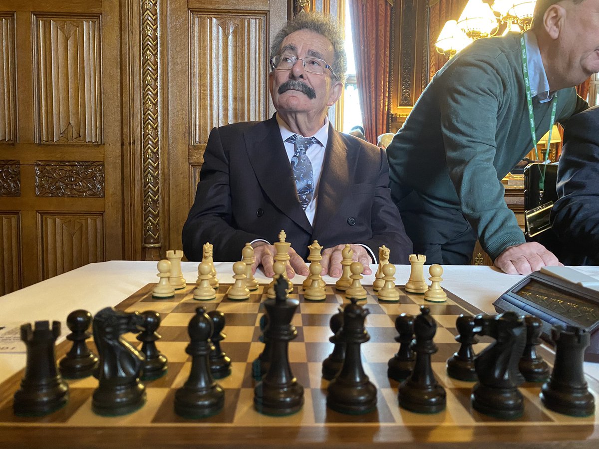 Taking on the legendary Robert Winston in the #LordsvsCommons chess match. I managed to win a long, hard-fought King's Indian. Phew.