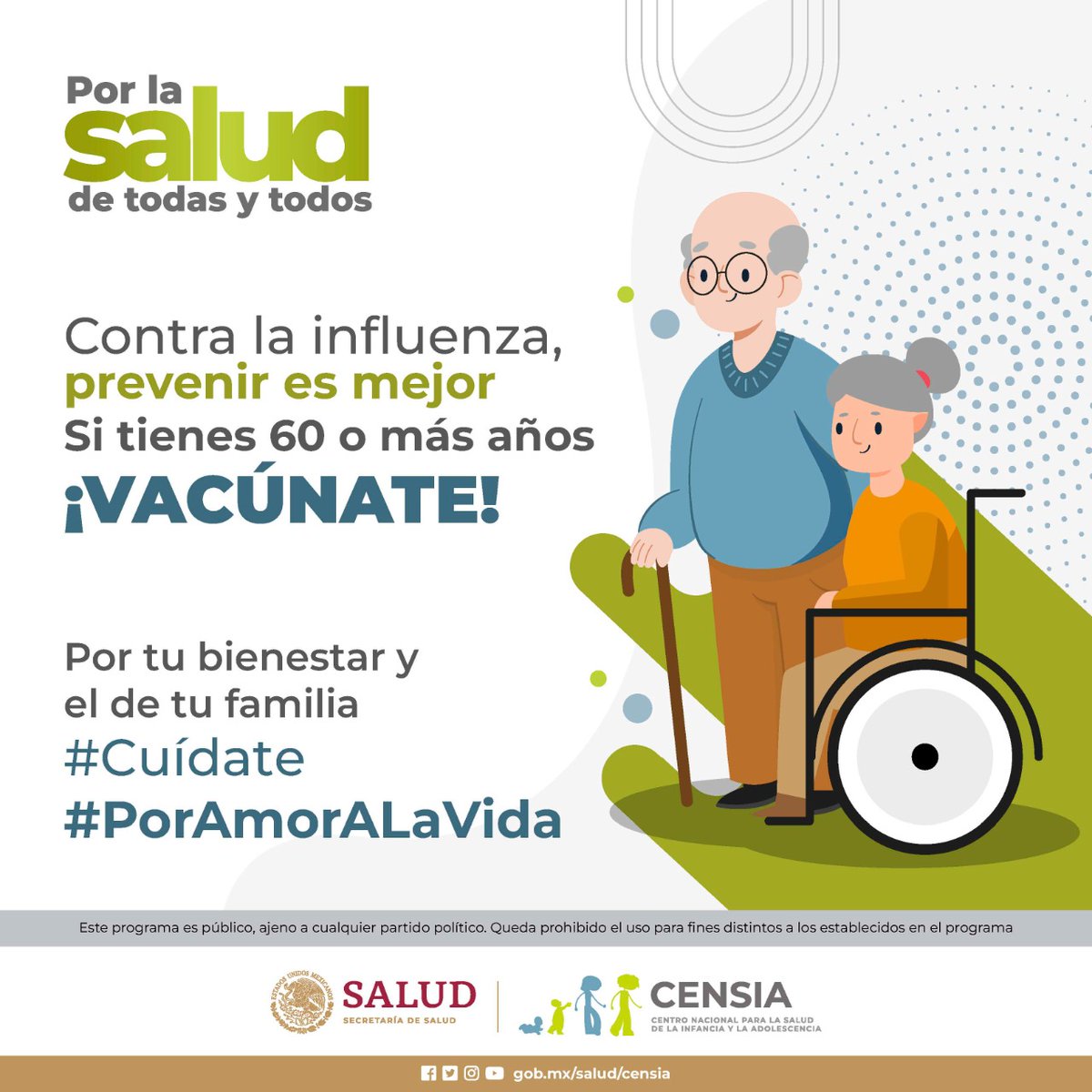 Contra la #Influenza ¡Vacúnate!   
Si tienes 60 años o más, es importante que te apliques la vacuna. 
Cuidar de ti, es cuidar de los demás #PorLaSaludDeTodasYTodos
#Cuídate #PorAmorALaVida