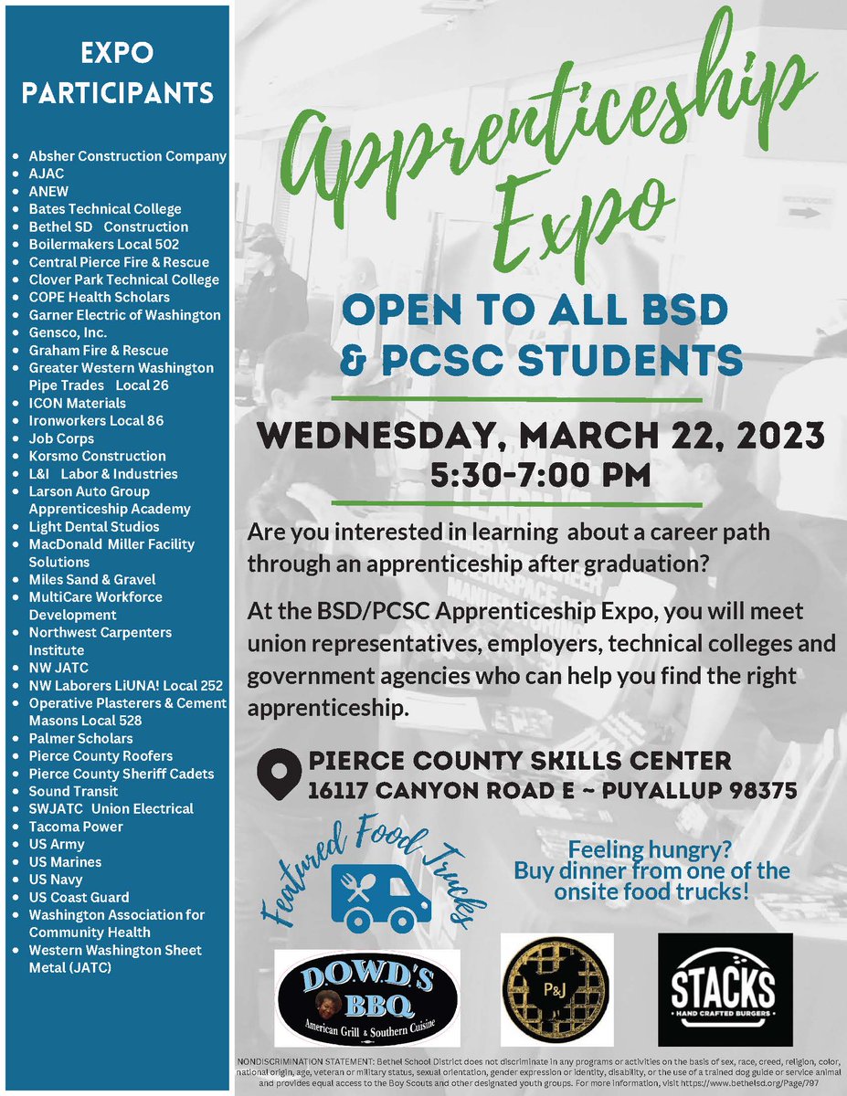 Our annual Apprenticeship Expo is TODAY from 5:30-7pm at PCSC.  Check out the flyer for a list of participants representing unions &amp; employers.
Food trucks will also be on site - Dowd's BBQ, P &amp; J’s Waffle Delight &amp; Stacks_Burger