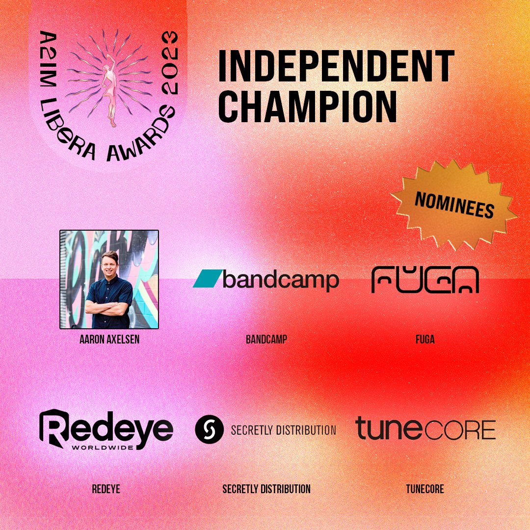 Congratulations to the Libera Awards 2023 nominees for Independent Champion 💖 @AaronAxelsen @Bandcamp @fugamusic @RedeyeWorldwide @secretlydistro @TuneCore