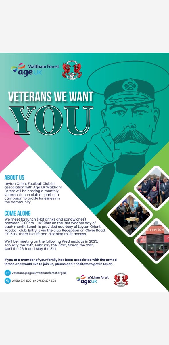 Next Veterans (free) Monthly Lunch Club is Wednesday 29th March. Open to carer/family also. 12.00pm-2.00pm @leytonorientfc Contact details below..