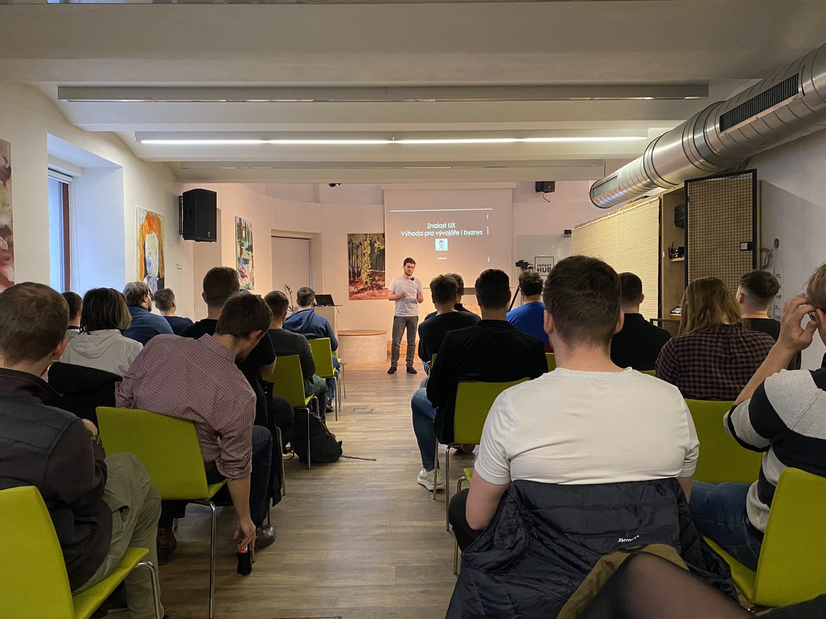 We’re in Ostrava! ✌️ <a href="/RyskaVaclav/">Václav Ryška</a> on the stage of the <a href="/techmeetupcz/">TechMeetup Ostrava</a> talking about UX and the benefits of its understanding for both the engineers and business. 🤝