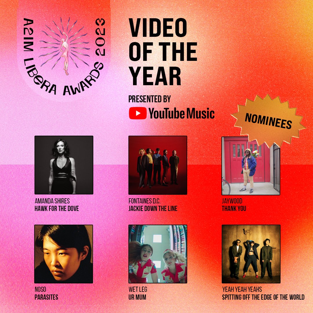 Congratulations to the Libera Awards 2023 nominees for Video Of The Year presented by @youtubemusic 🖤🎥 @amandashires @fontainesdublin @JayWoods3 @noso_music @wetlegband @YYYs