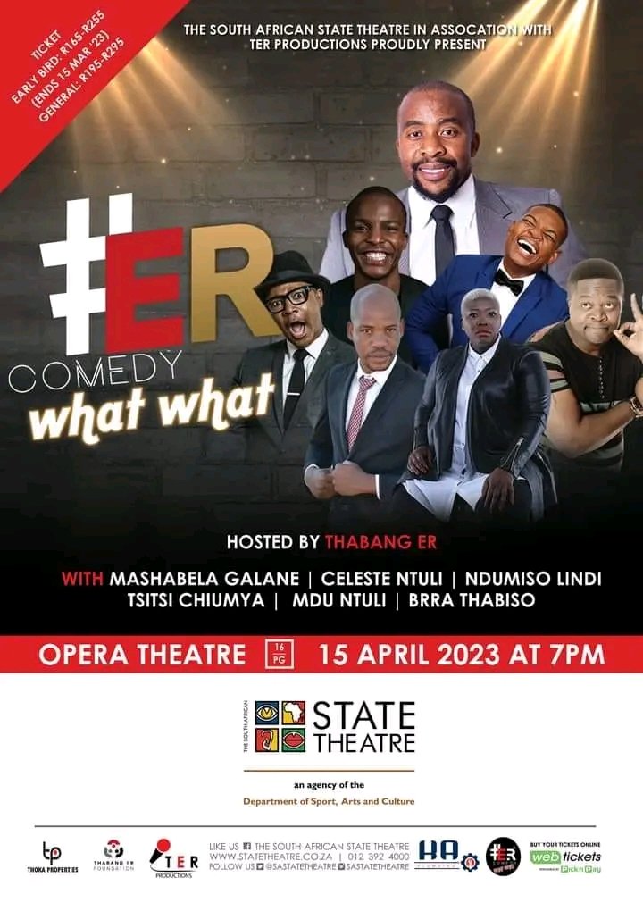 #ERComedyWhatWhat | Saturday 15 April 2023 @ The South African State Theatre,Pretoria, 7pm
Hosted by @Thabang_ER #SkeemSaam #Malema #NationalShutdown athi #eskom #Loadshedding #EFFInParliament #EFF #EFFNationalShutdown