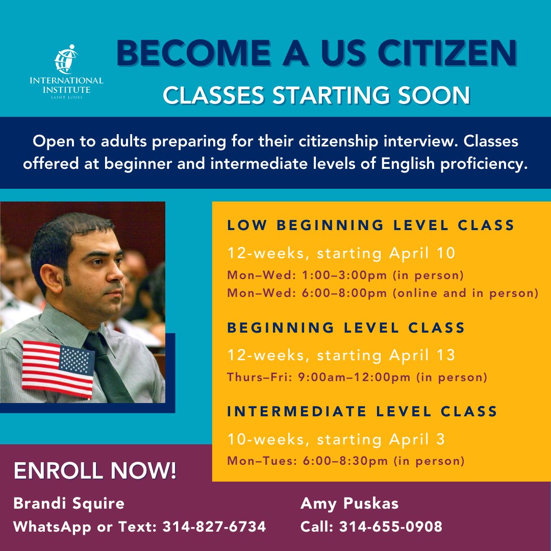 Are you preparing for your US citizenship interview? Our citizenship classes are starting soon and designed for different levels of English proficiency. For questions, call Amy Puskas @ 314-655-0908. Register with Brandi Squire @ 314-827-6734. #USCitizenship #CitizenshipInterview
