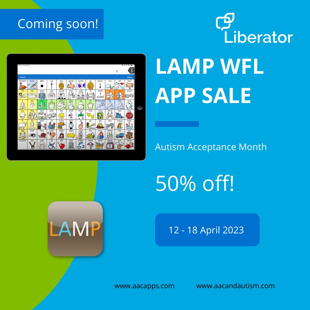 Save the Date! 

April is Autism Acceptance Month, so mark your calendars now and get ready to celebrate with 50% off the LAMP Words for Life® app!

#LAMPWFL #aacandautism #LAMP #autismUK #appsale #AutismAcceptanceMonth