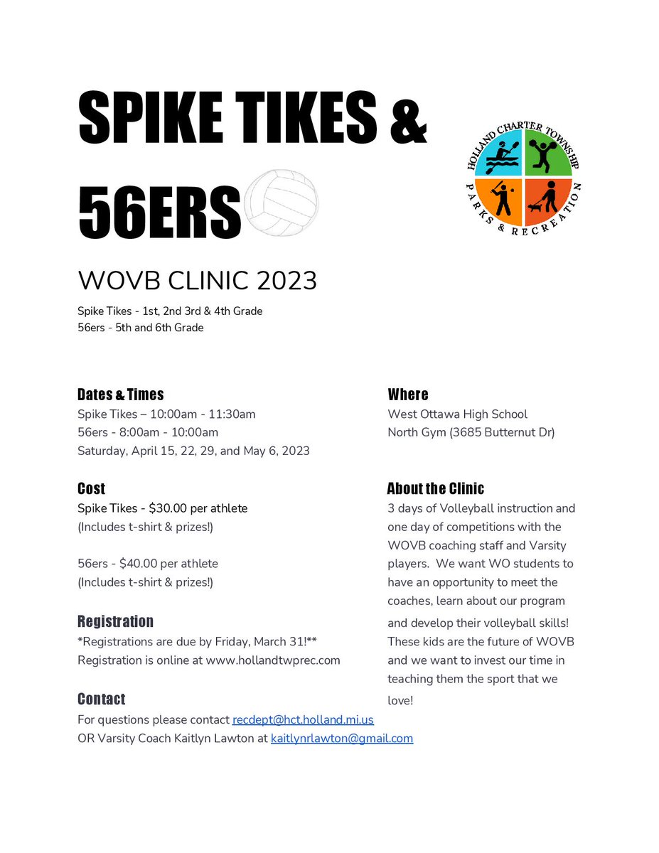 We are excited to be working with <a href="/WOvolleyball/">WO VOLLEYBALL</a> Varsity Program again for the upcoming Spike Tikes &amp; 56ers volleyball clinics in April and May!🏐 Make sure to register online at hollandtwprec.com by Friday, March 31 @ 5pm. More details below.

#HollandTwpRec #WOVB #clinics