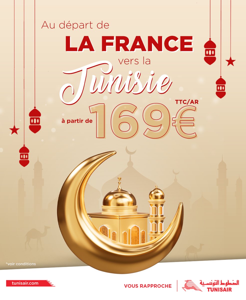 Profitez de notre offre spéciale RAMADAN et envolez-vous dès à présent vers la Tunisie à partir de 149€* AR.

* Période de voyage : jusqu'au 20 juin 2021 (Date de dernier retour le 23 juin 2021)
Offre soumise à conditions dans la limite des sièges disponibles.