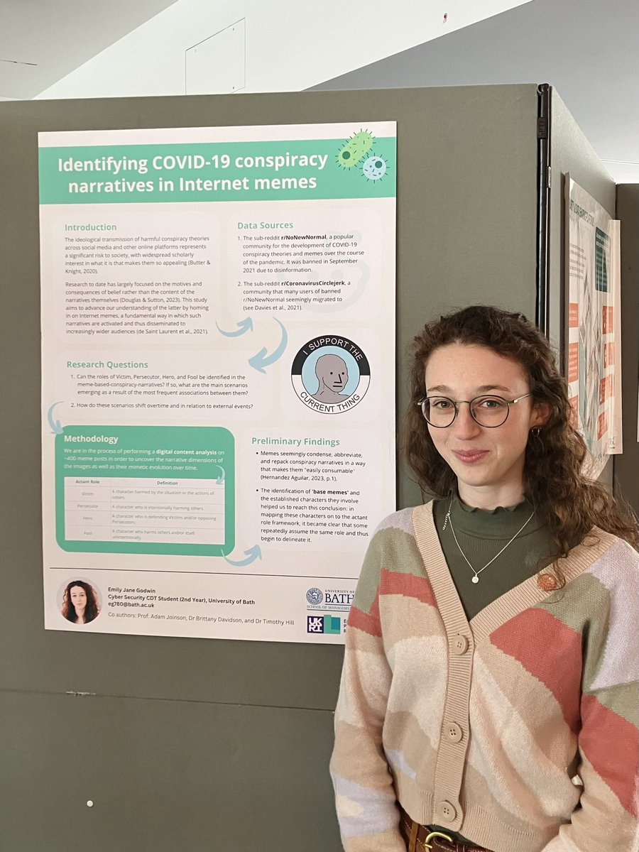emilyjanegodwin's tweet photo. I had such a great time today at #RISCSconf presenting a poster about the work I’ve been doing with @joinson @BritDavidson and @timhill_bath on identifying COVID-19 conspiracy narratives in Internet memes https://t.co/cUvCMb5ib8