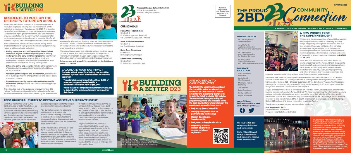 jenkquinn's tweet photo. The @PHSD23 newsletter is HOT off the presses. 😅🙌 SO thankful to have found a great new designer and get this thing done in record time!! That was important because there's a referendum on the ballot on 4/4. If you live in D23, be sure to VOTE to #buildabetterd23! #KQC https://t.co/VFyVLNwsXB