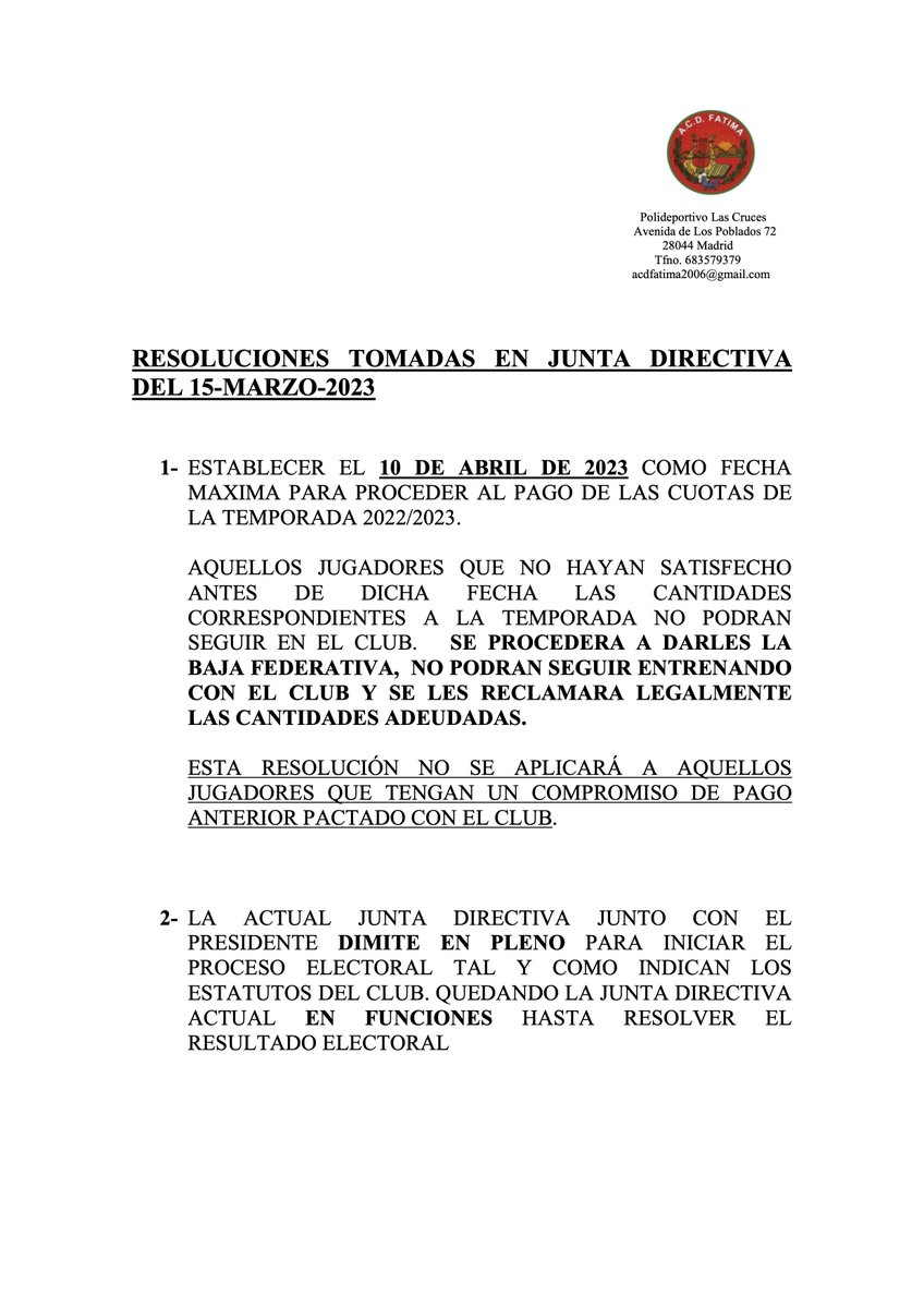 A continuación os dejamos documento con las resoluciones adoptadas en la Junta Directiva del Club realizada el 15 de marzo de 2023.
acdfatima.com/resoluciones-t…