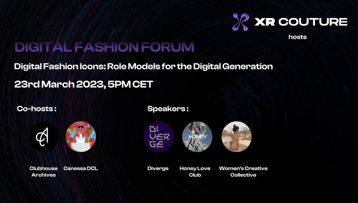▫️Attention▫️

Join us for an electrifying space as we discuss the #DigitalFashion icons, who are transforming the way we perceive fashion in this digital era!👾

Co-hosts : <a href="/ClubhouseArcNFT/">Clubhouse Archives</a> <a href="/CanessaDCL/">Canessa</a> 

On 23rd March, 5PM CET. 

Set your reminders!👇

x.com/i/spaces/1YpKk…