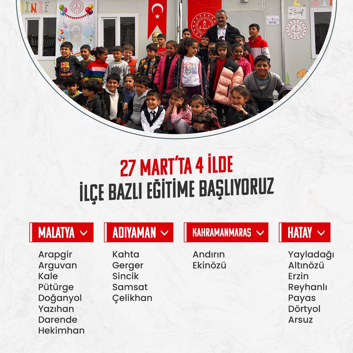 27 Mart Pazartesi günü afet bölgesindeki dört ilimizde kademeli olarak eğitime başlıyoruz. Evlatlarımızı okullarında öğretmenleri ve akranlarıyla buluşturmaya devam ediyoruz. 

#EğitimleGüçlüyüz