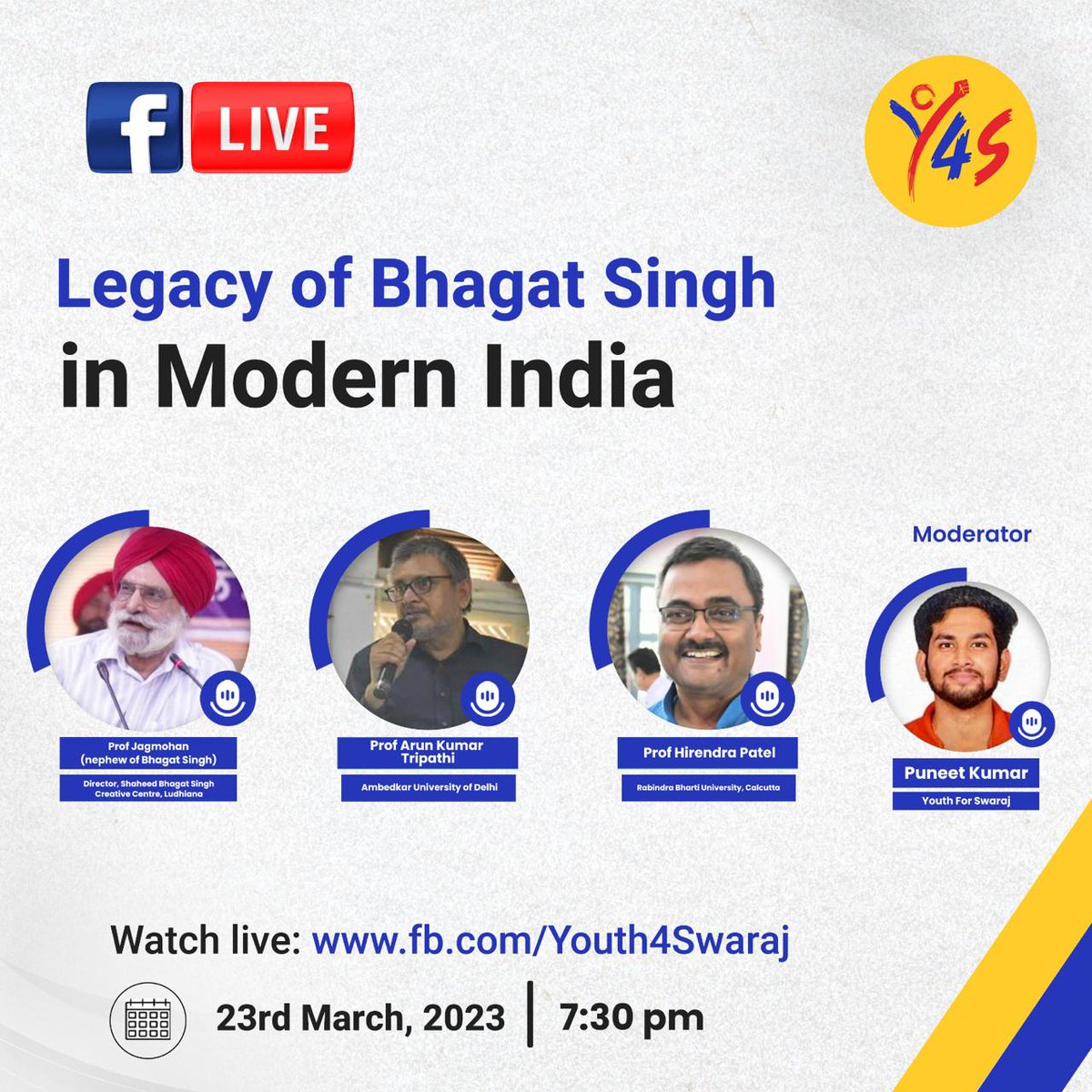जरूर जुड़े। शाम 7:30 बजे
विषय:- आधुनिक भारत में #भगतसिंह की विरासत ।

#BhagatSingh