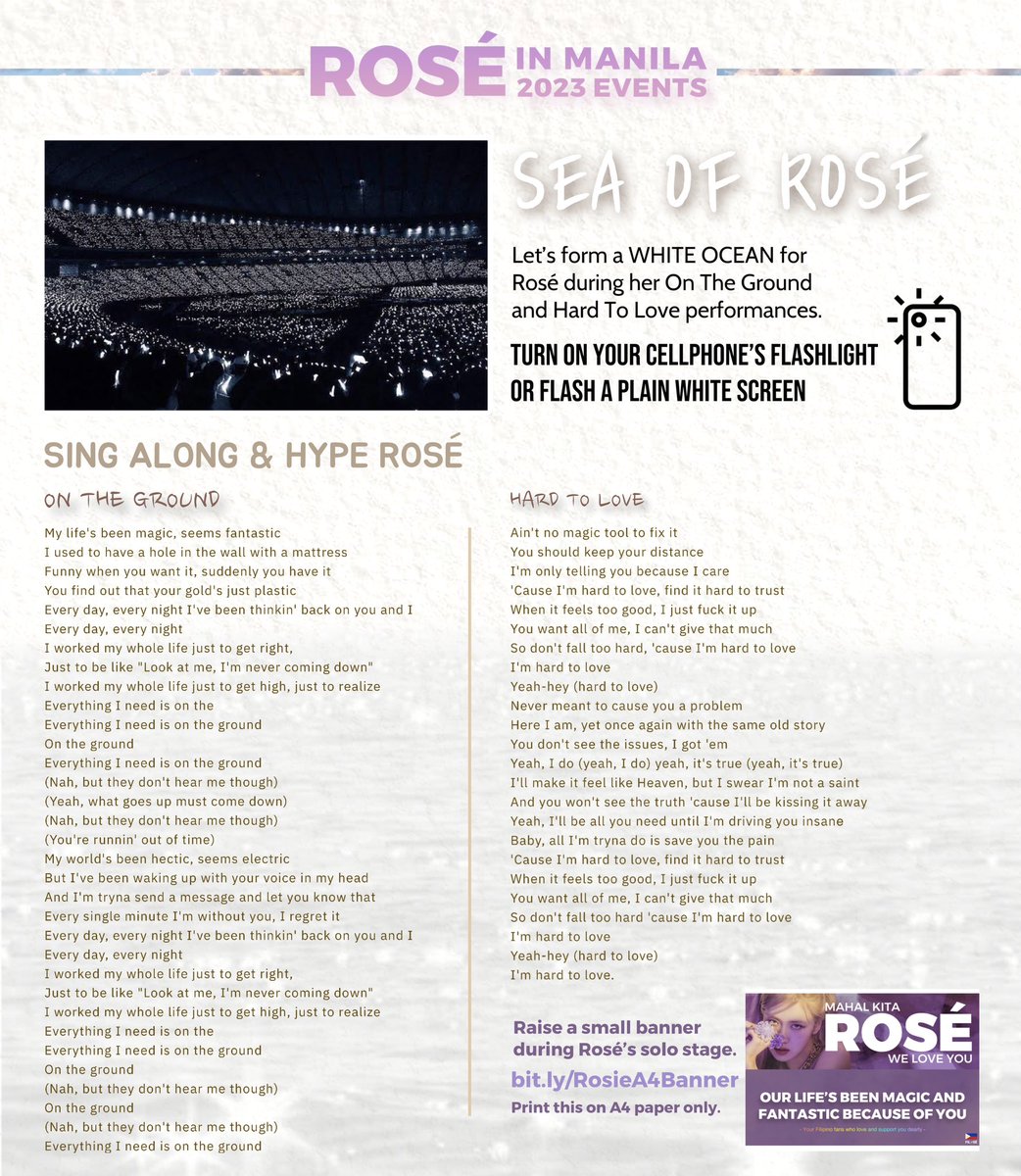 FILOSEY021197's tweet photo. 📣⊹ ROSÉ MANILA SOLO STAGE ⊹

There’s no color as pure and bright as white. So this coming March 25 &amp; 26, let’s form our version of the White Ocean: “Sea of Rosé” 🤍🌊

Be ready to scream your lungs out and sing as you raise OUR BANNER!

See poster for guidelines.

#ROSÉ #로제 https://t.co/qAfgpfvJJW
