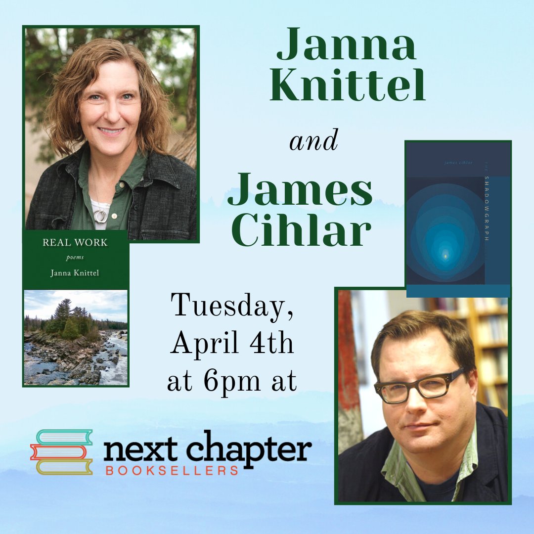 NextChapterMN's tweet photo. Join us TWO WEEKS from TODAY for a conversation and reading with poets Janna Knittel ('Real Work') and James Cihlar ('Shadowgraph')! Reserve your copies of these books to get them signed (even if you can't make it!) here: https://t.co/s5trUO7aG8
#shopLocal #localAuthor #stPaul https://t.co/fkMtXax1Bp