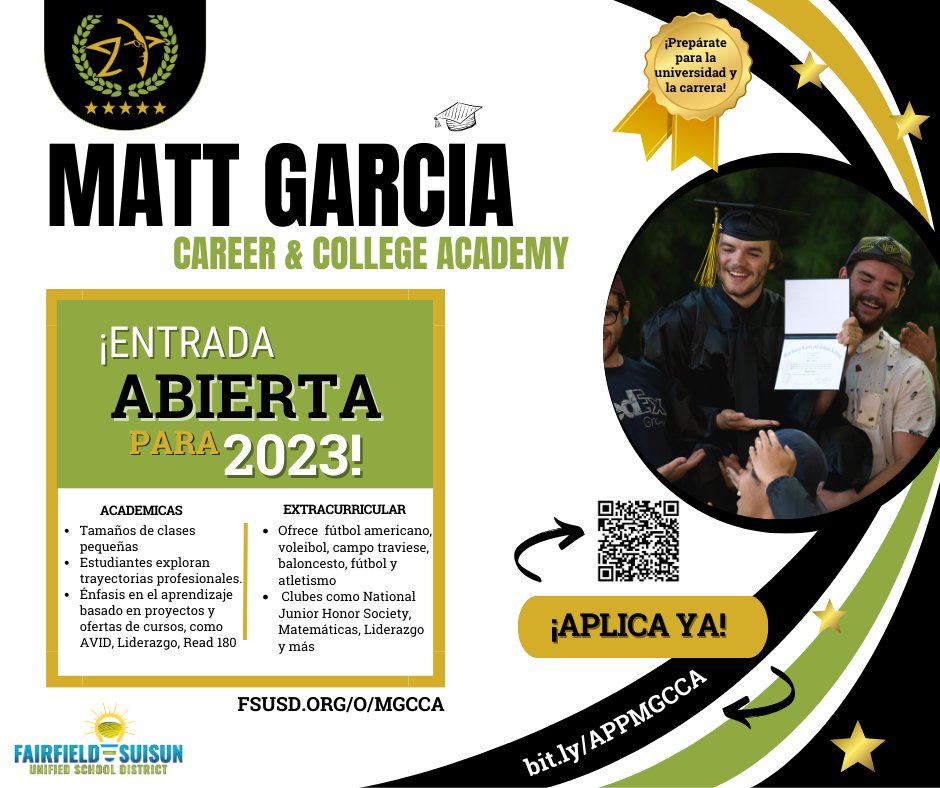 Applications for Matt Garcia Career and College Academy are open! Matt Garcia serves students 6th-8th grade and offers small class sizes, opportunities to explore different CTE pathways, project-based learning, and much more. Apply today at FSUSD.ORG/O/MGCCA.
