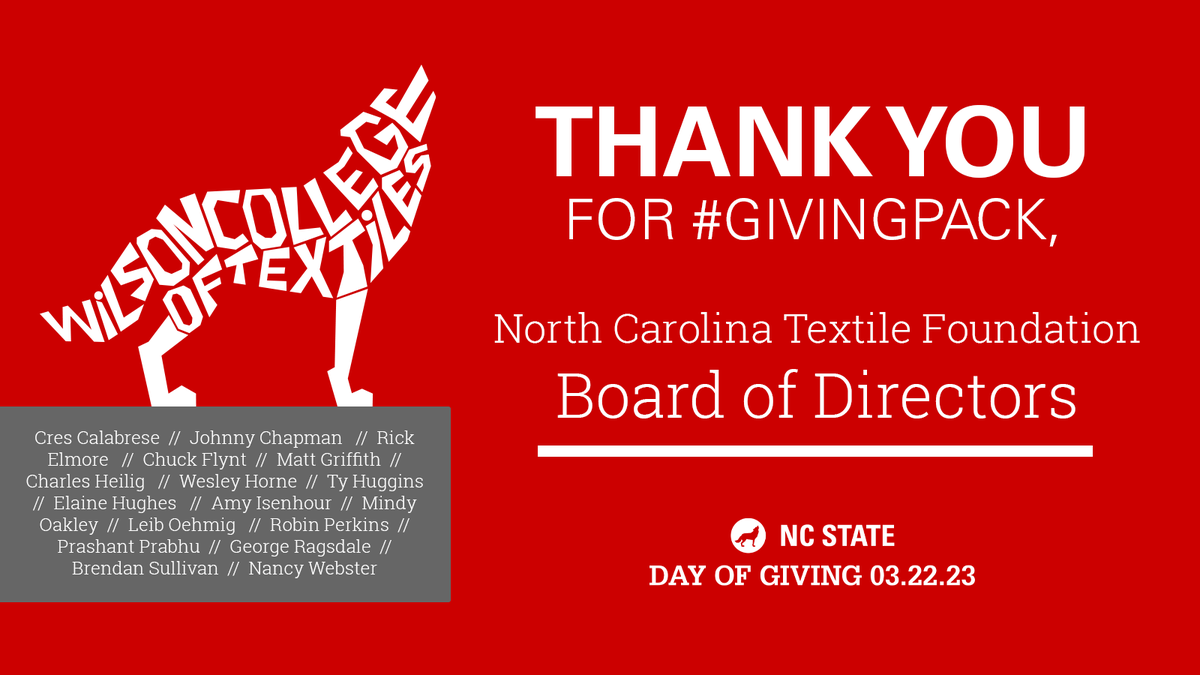 NCStateWilson's tweet photo. Thank you for believing in textile education and innovation at #NCStateWilson, and thank you for #GivingPack today! https://t.co/6KcgnTSLYG