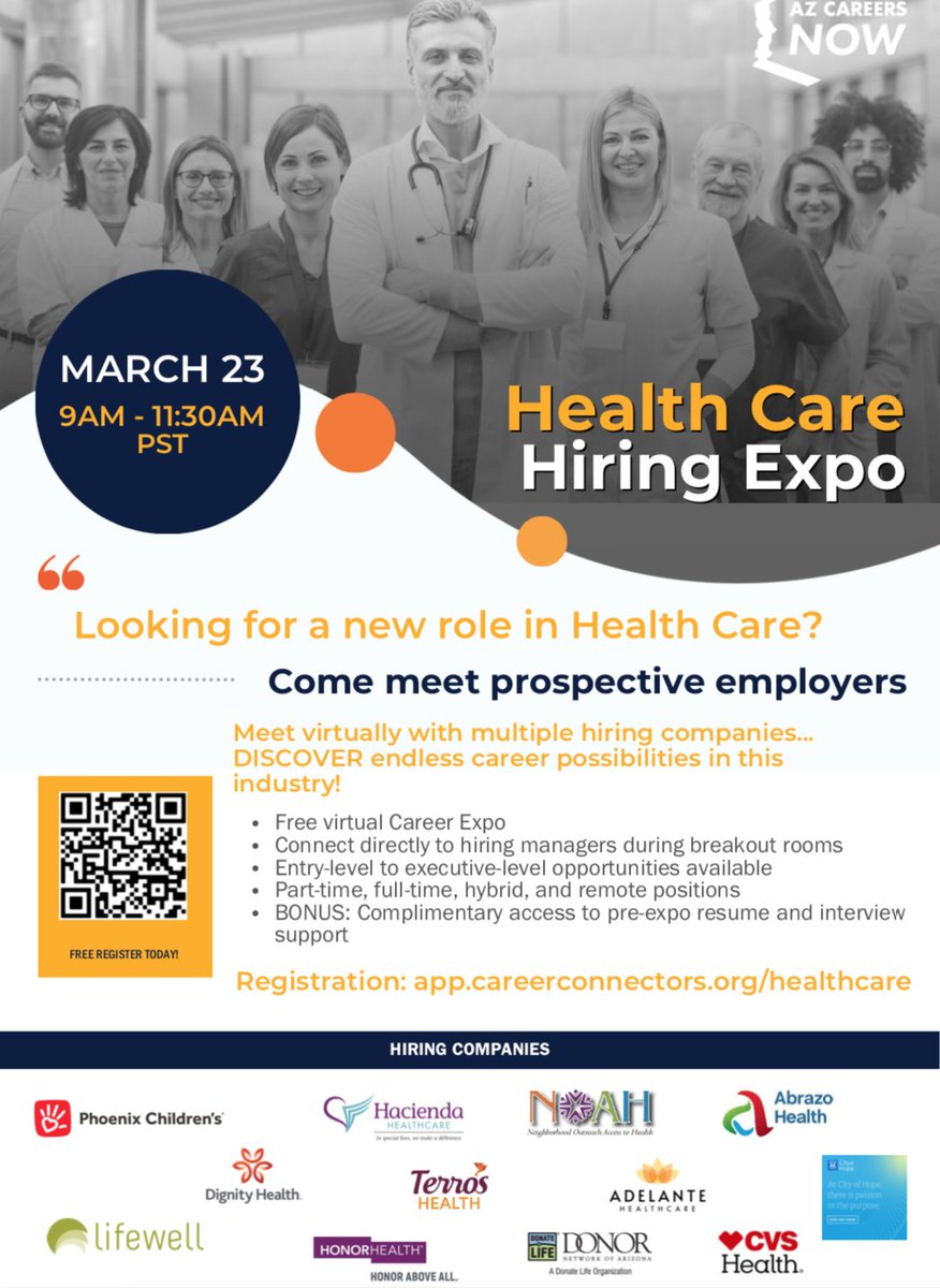 terroshealth's tweet photo. We're excited to participate in the 2023 Virtual Health Care Hiring Expo this Thursday, March 23rd at 9:00am. Hosted by Career Connectors; registration is now open. Come check it out!

Register here:  https://t.co/6jljQ4Ijr0
#healthcare #career #hiring https://t.co/hFrQMwmyYK