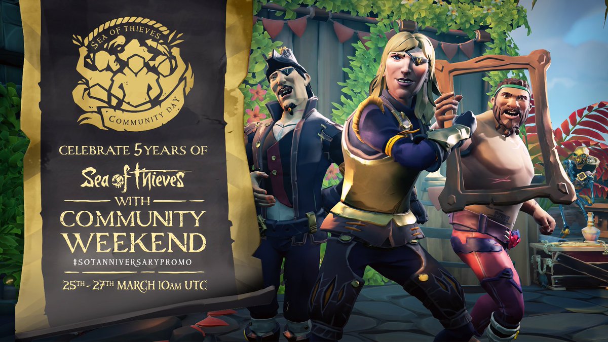 Have you heard? Sea of Thieves Community Weekend starts at 10am UTC this Saturday, March 25th! Featuring freebies, sales, reward boosts and 50 million Ancient Coins in the bony fingers of Ancient Skeletons! We've written it all up for you... 🏴‍☠️ Details: aka.ms/SoTCommWknd