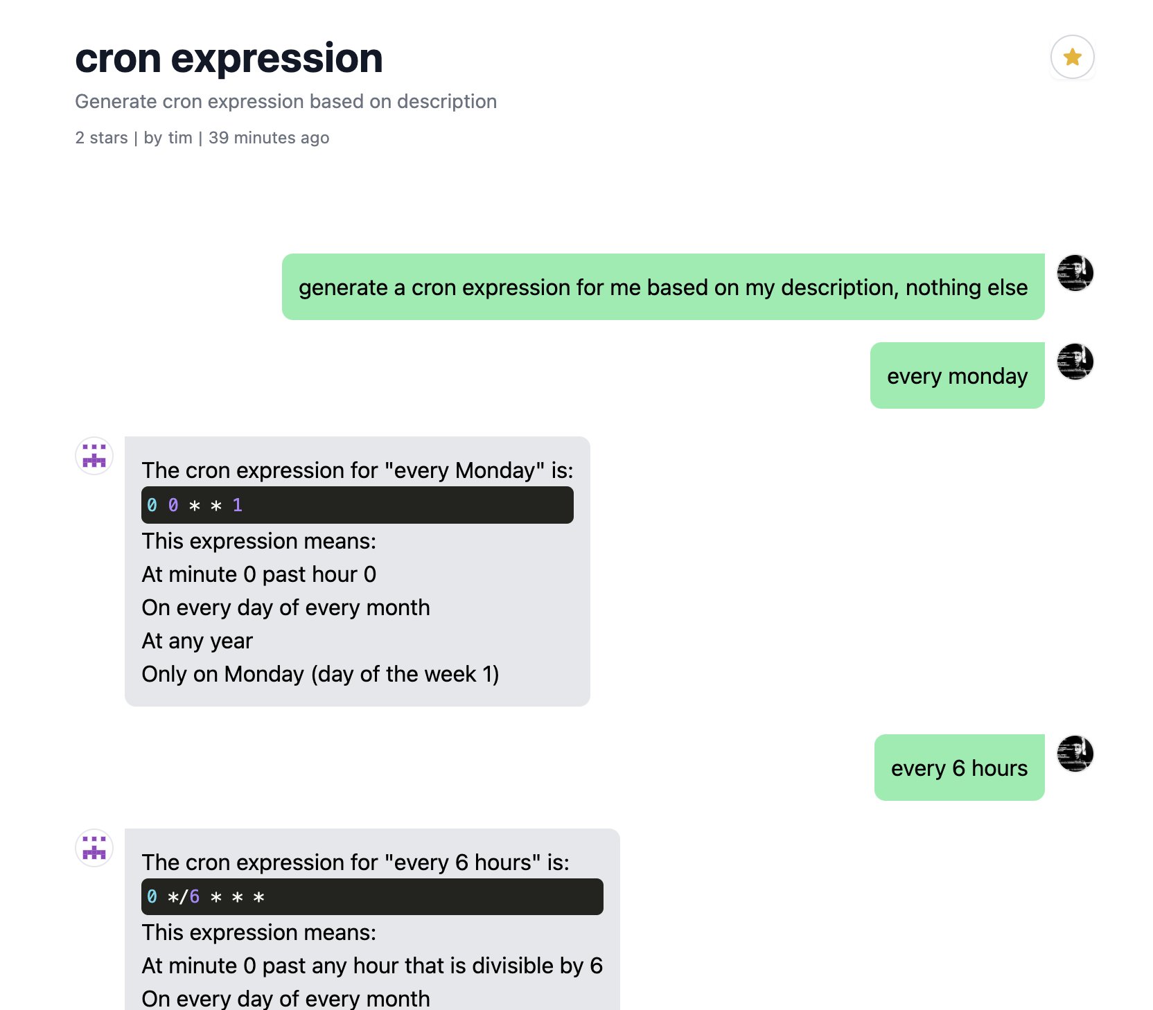 Cyberplads tavle pie timqian.eth on Twitter: "Wrote a prompt to generate cron expressions, the  result is not bad, just a bit disobedient. https://t.co/jX3TOHbS9o  https://t.co/EuzMiniUTd" / Twitter