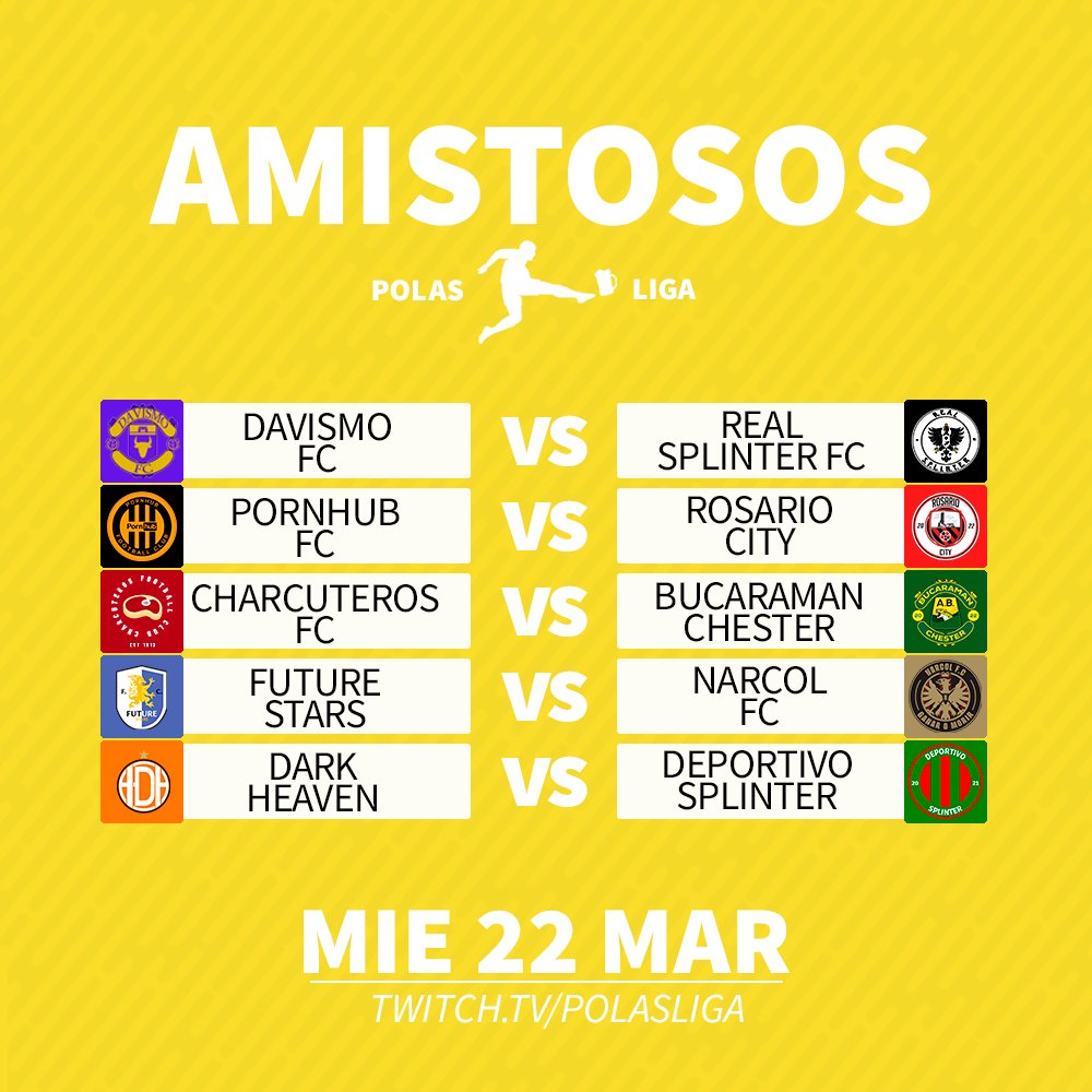 ¡HOY HAY MÁS AMISTOSOS! ¡SEGUNDA PARTE DE LA JORNADA! 

Segunda jornada de amistosos. 10 equipos más a debutar en la T4. 

⏰ 16hrs🇨🇴 18hrs🇦🇷 22hrs🇪🇸
📺 twitch.tv/polasliga