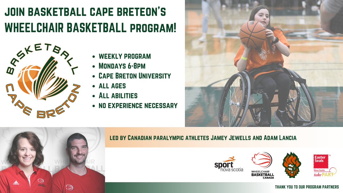Basketball Cape Breton (@basketballcb) on Twitter photo BCB is proud to be launching Cape Breton's first Wheelchair Basketball program! 🏀♿️ Everyone is welcome, help us spread the word.
Register: forms.gle/o2knt4Jdiqa1Me…
Questions? Email wheelchairbasketball@basketballcapebreton.com!
#parasport #wheelchairbasketball #capebreton BCB is proud to be launching Cape Breton's first Wheelchair Basketball program! 🏀♿️ Everyone is welcome, help us spread the word.
Register: forms.gle/o2knt4Jdiqa1Me…
Questions? Email wheelchairbasketball@basketballcapebreton.com!
#parasport #wheelchairbasketball #capebreton