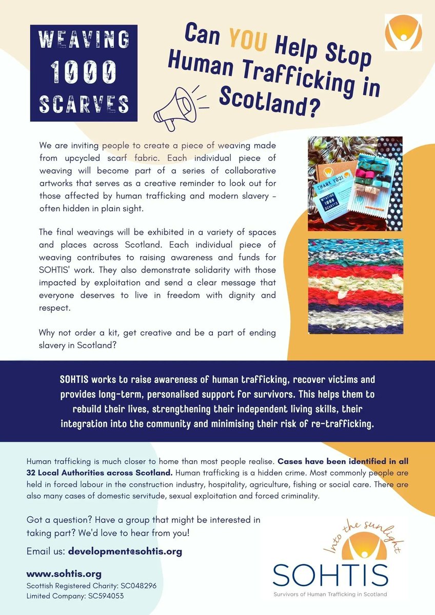 _SOHTIS's tweet photo. We have an exciting new project on the go offering a creative way to be a part of ending
slavery in Scotland!

https://t.co/jBihd8HGhi 

#StaySeenProject #EndSlaveryNow #WeavingProject  #SocialArt #Craftivism #Upcycle #TextileArt #SustainableArt
#CreateChange #ArtForJustice https://t.co/NeWJA8WZzC