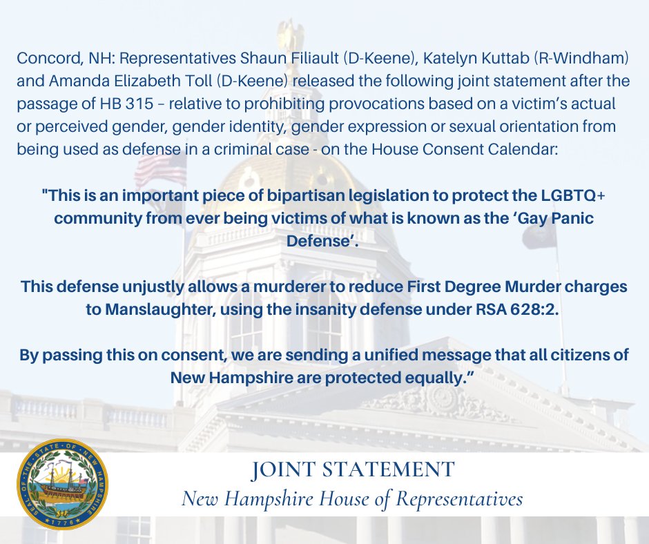 New Hampshire House (@nhhouseofreps) on Twitter photo Today, HB 315 passed with Unanimous Consent from the #NHHouse.
See the full statement from Reps. @ShaunFiliault, Katelyn Kuttab and <a href="/electamandanh/">Amanda Elizabeth Soto NH State Representative</a> below:
#NHPolitics Today, HB 315 passed with Unanimous Consent from the #NHHouse.
See the full statement from Reps. @ShaunFiliault, Katelyn Kuttab and <a href="/electamandanh/">Amanda Elizabeth Soto NH State Representative</a> below:
#NHPolitics