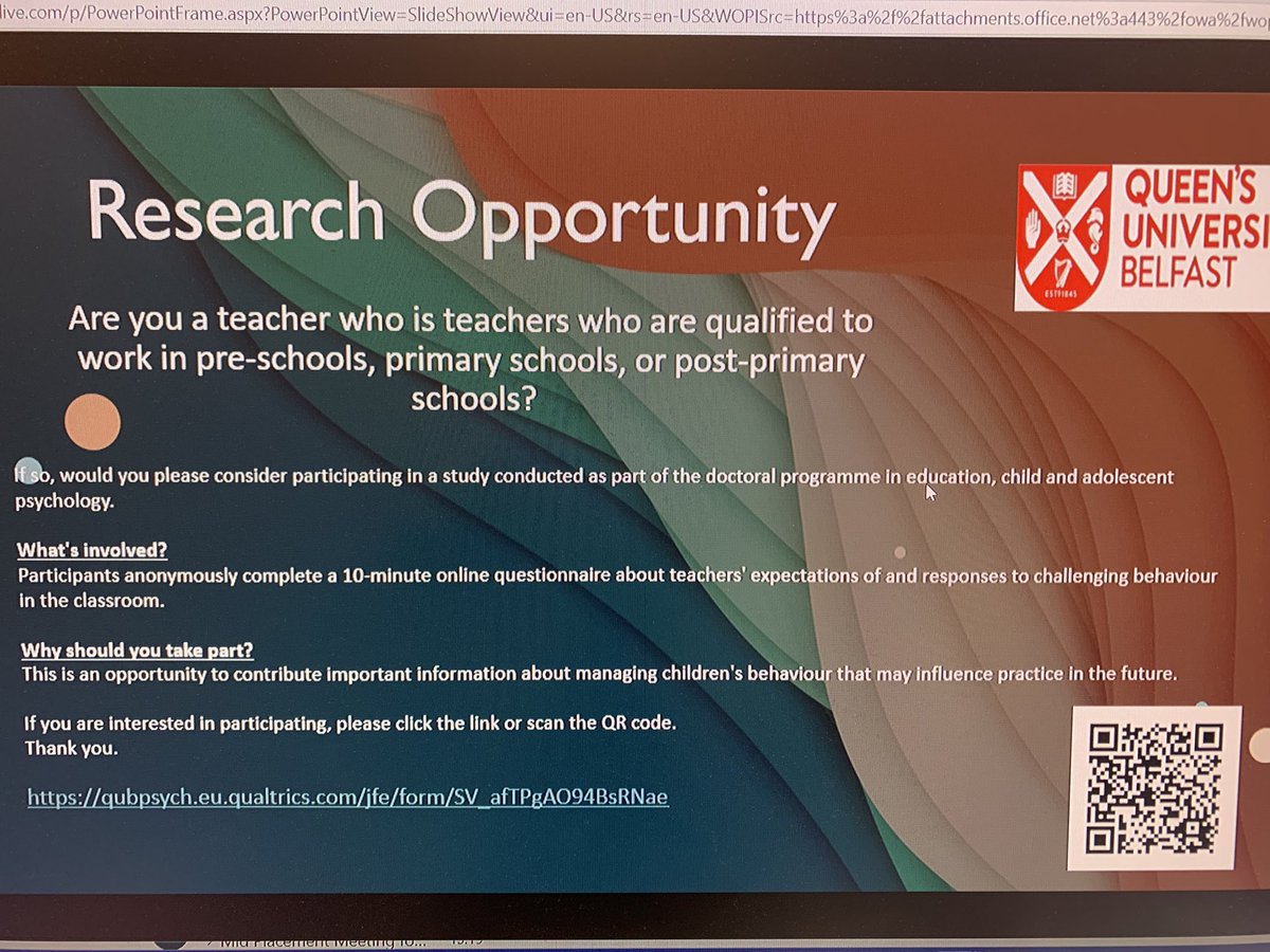 Are you a pre-school, primary or post-primary teacher? Michael, a Year 2 TEP  would love your thoughts on dealing with challenging behaviour (an anonymous 10 minute survey to complete via link below)
More information attached          qubpsych.eu.qualtrics.com/jfe/form/SV_af…