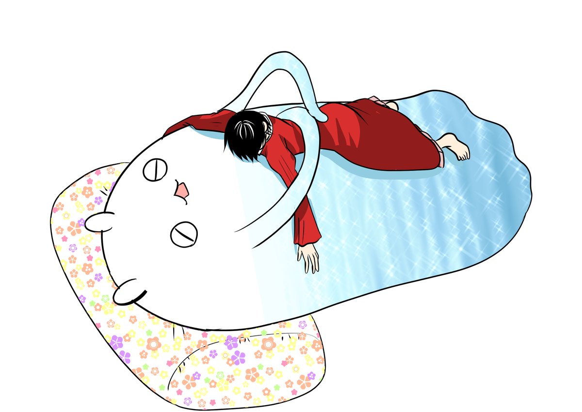 「ライムさんの上で寝るミケ。ライムさんはちょっとヒンヤリしていてモチモチしていて何」|河口けいのイラスト