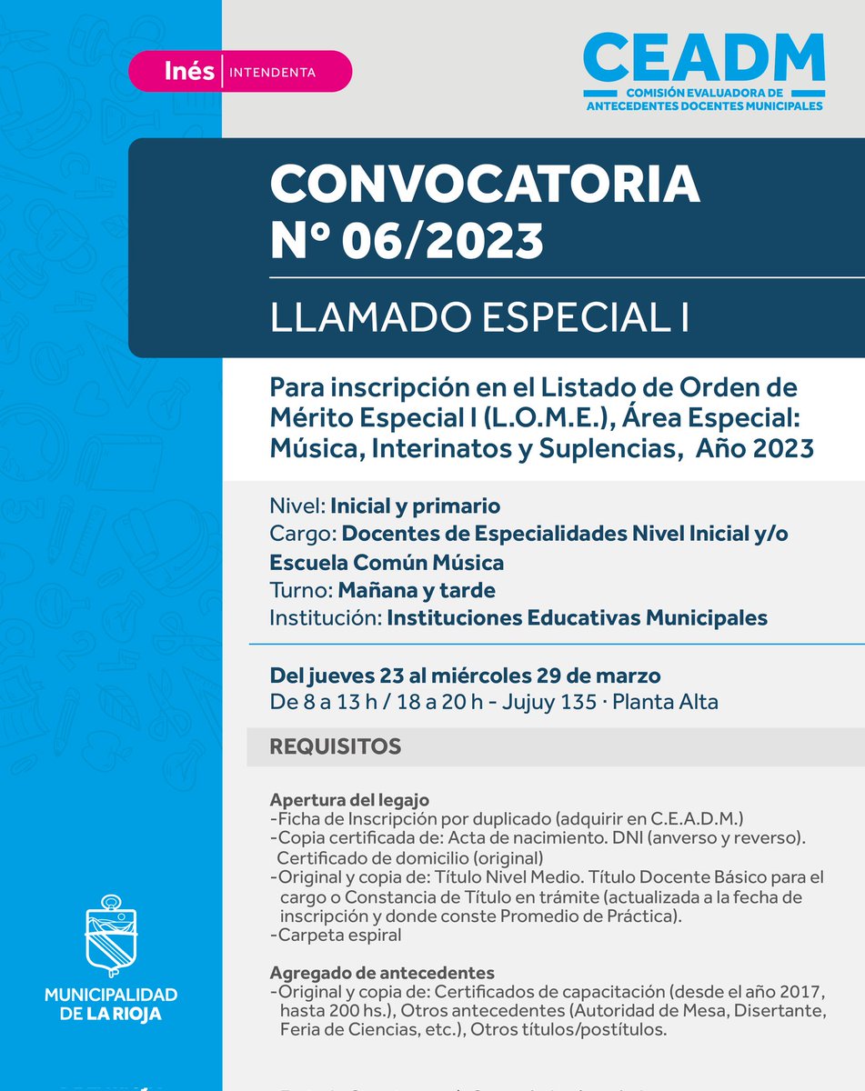 ines_byd's tweet photo. Se abre un llamado especial para docentes del nivel primario para las Instituciones Educativas Municipales. https://t.co/QI2b38gczg